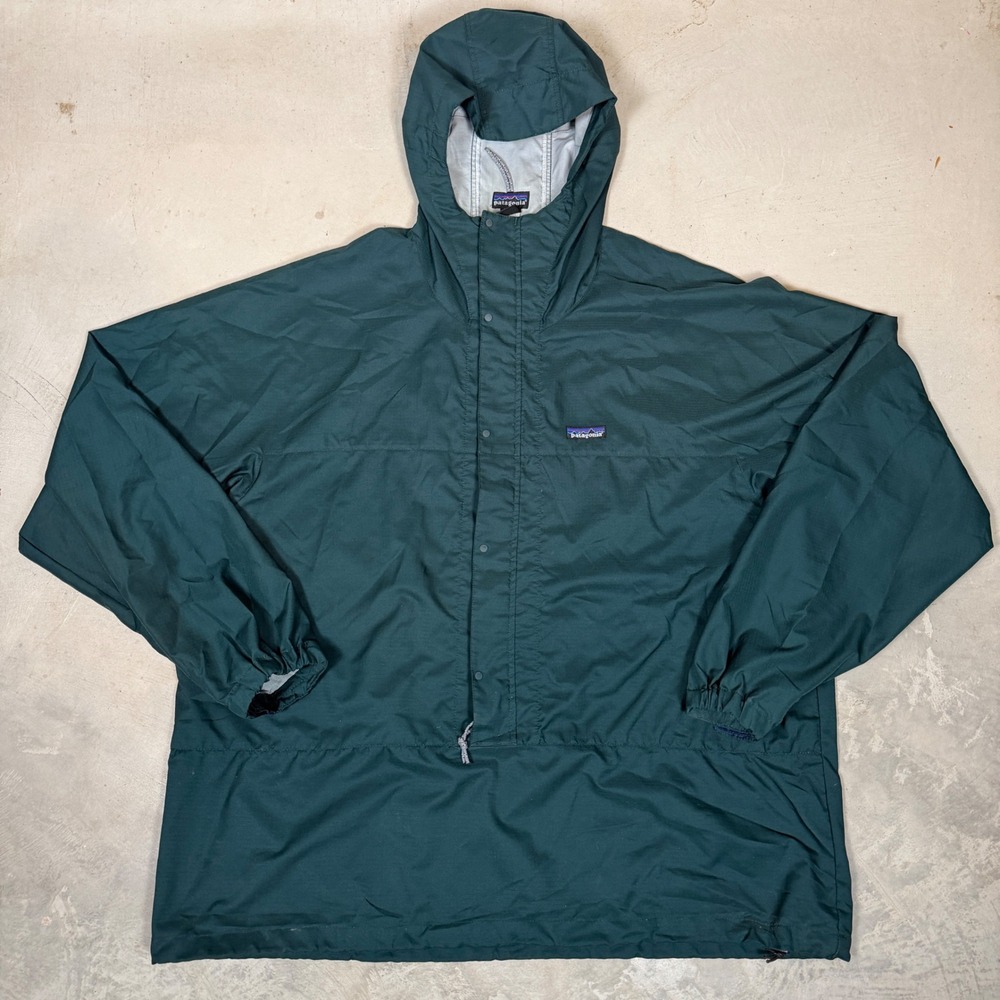 Patagonia Mens XXL Forest Green Hooded Windbreaker Anorak Jacket Vintage F90 SST
